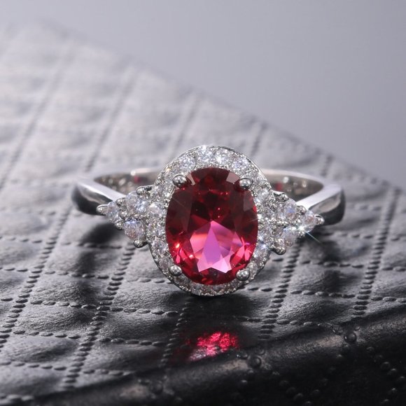 NEW Silver Oval Ruby Round Diamond Halo Ring - Picture 3 of 7